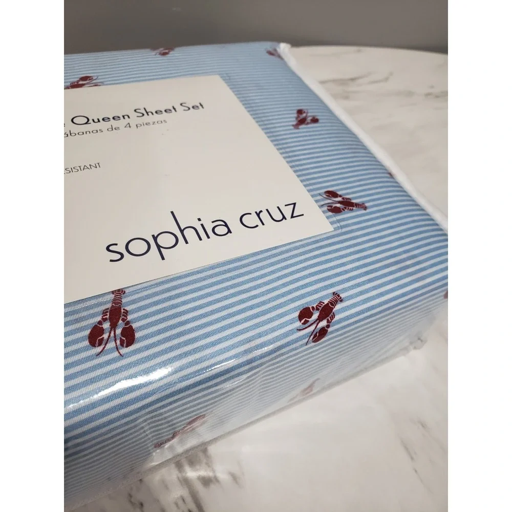 NEW 4 PC QUEEN SIZE sheet set lobster print nautical beach blue chambray stripes